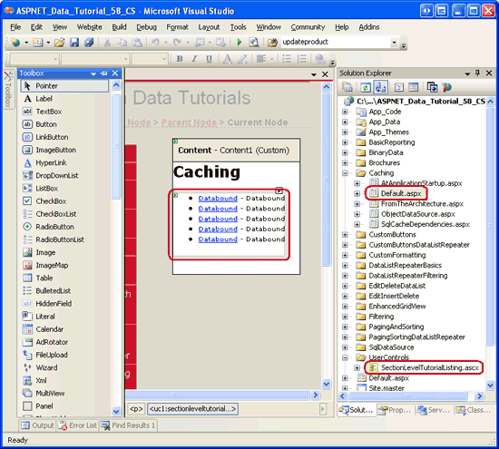 图 2:将 SectionLevelTutorialListing.ascx 用户控件添加到Default.aspx