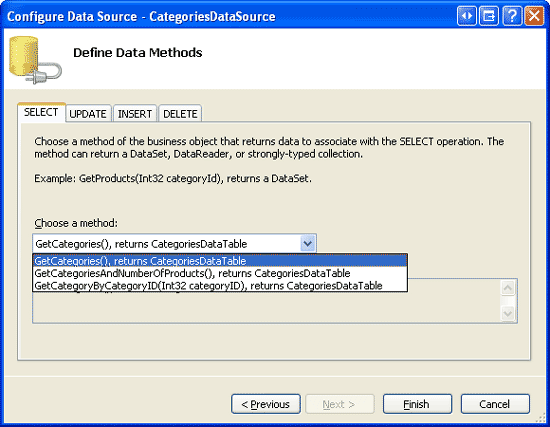 将 ObjectDataSource 配置为使用 CategoriesBLL 类 s GetCategories() 方法