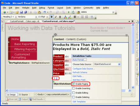 图 1:选中 DetailsView 的 Smart Tag 中的 Enable Paging 复选框