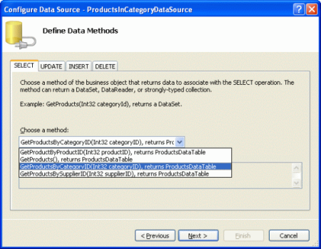 让 ObjectDataSource 调用 GetProductsByCategoryID(categoryID) 方法
