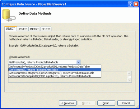 添加调用 GetProducts() 方法的新 ObjectDataSource 控件