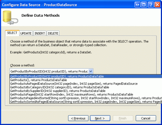 将 ObjectDataSource 配置为使用 GetProductByProductID(productID) 方法