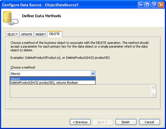 确认 ObjectDataSource 的 INSERT、UPDATE 和 DELETE 选项卡中的下拉列表已设置为 (无)