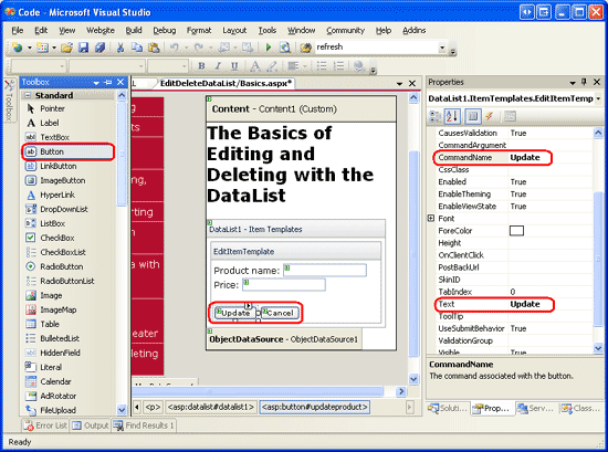 显示 DataList EditItemTemplate 的屏幕截图,其中添加了“更新和取消”按钮。