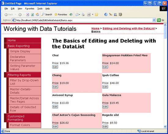 显示 DataList EditItemTemplate 的屏幕截图,其中添加了“编辑”按钮。