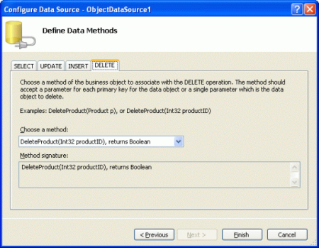 将 ObjectDataSource 的 Delete() 方法映射到 ProductBLL 类的 DeleteProduct 方法