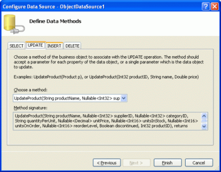 将 ObjectDataSource 的 Update() 方法映射到 ProductBLL 类的 UpdateProduct 方法