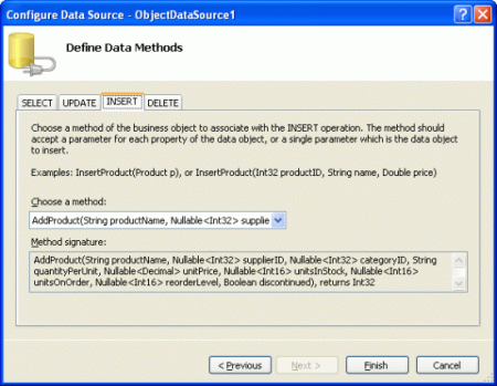 将 ObjectDataSource 的 Insert() 方法映射到 ProductBLL 类的 AddProduct 方法