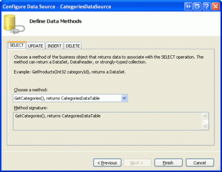 将 ObjectDataSource 绑定到 CategoriesBLL 的 GetCategories() 方法