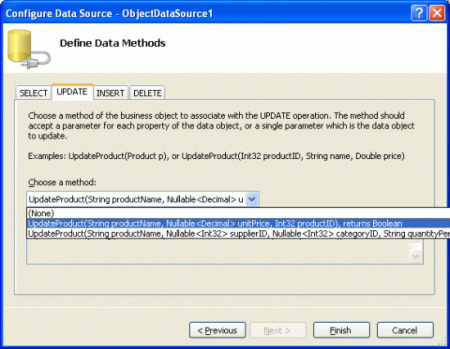 将 ObjectDataSource 的 Update() 方法映射到 New UpdateProduct 重载