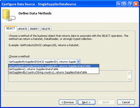 将 SingleSupplierDataSource ObjectDataSource 配置为使用 GetSupplierBySupplierID(supplierID) 方法