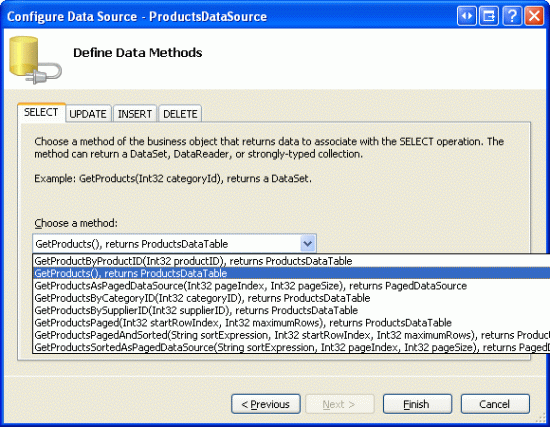 使用 GetProducts() 方法配置 ObjectDataSource 以检索数据