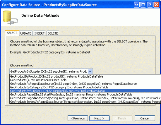将 ObjectDataSource 配置为使用 GetProductsBySupplierID(supplierID) 方法