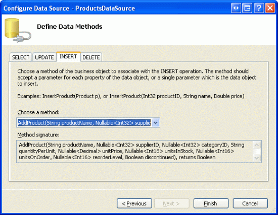 将 AddProduct 方法映射到 ObjectDataSource s Insert() 方法