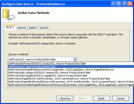 图 5:将 ObjectDataSource 配置为使用 ProductsBLL 类 s GetProducts 方法