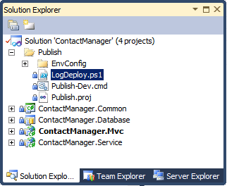 在联系人管理器示例中,由于你想要在部署过程中使用 Windows PowerShell 脚本,因此最好将脚本添加到“发布解决方案”文件夹。