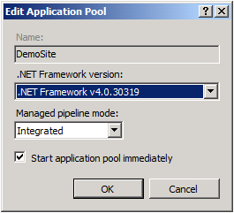 在“.NET Framework版本”列表中,选择“.NET Framework v4.0.30319”,然后单击“确定”。
