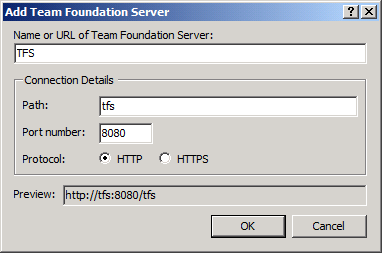 在“添加 Team Foundation Server”对话框中,提供 TFS 实例的详细信息,然后单击“确定”。