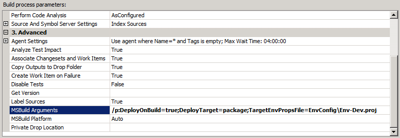 在“MSBuild 参数”行中,添加要生成的任一项所需的任何 MSBuild 命令行参数。