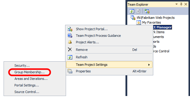 在 Visual Studio 2010 的“团队资源管理器”窗口中,右键单击团队项目,指向“团队项目设置”,然后单击“组成员身份”。