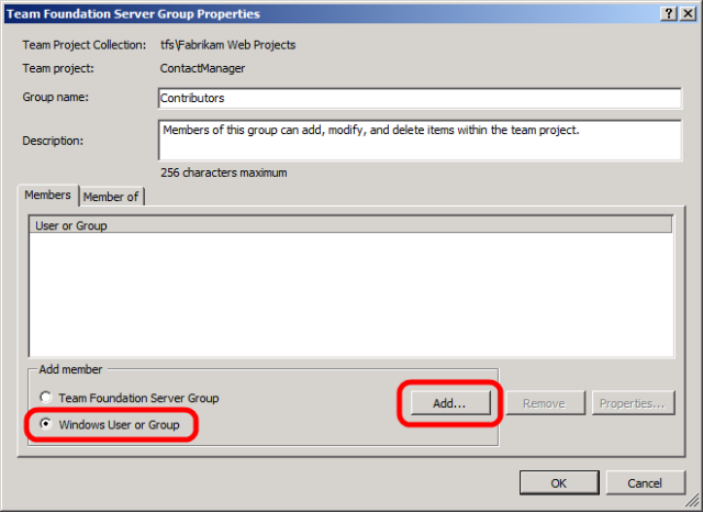 在“Team Foundation Server 组属性”对话框中,选择“Windows 用户或组”,然后单击“添加”。