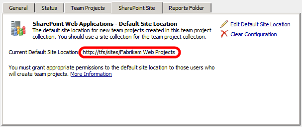 在“SharePoint 网站”选项卡上,记下“当前默认网站位置 U R L”的值。