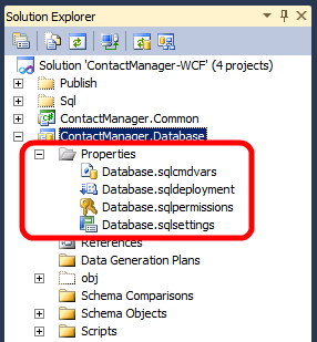 如果在 Visual Studio 2010 中打开 Contact Manager 示例解决方案,则会看到数据库项目包含一个包含四个文件的 Properties 文件夹。