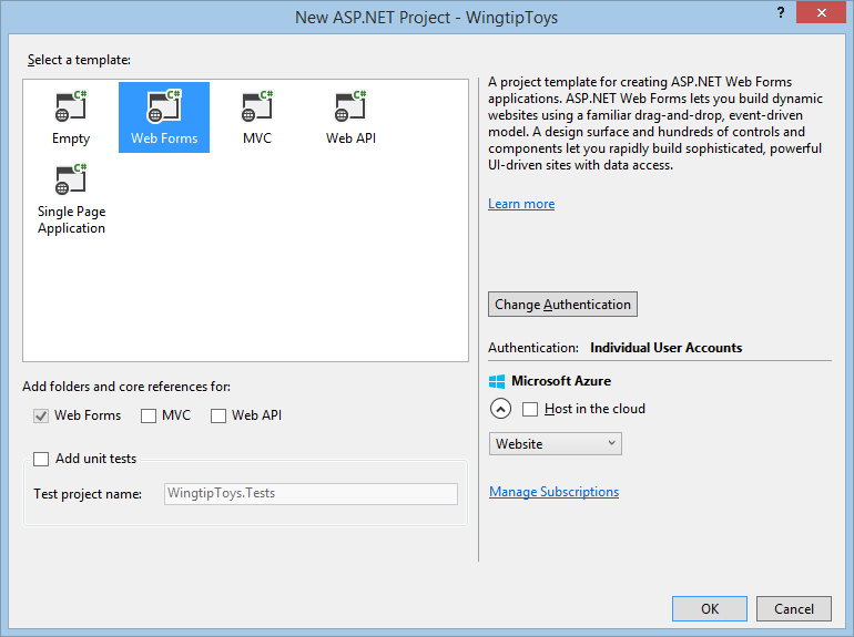 “新建 ASP.NET 项目”窗口的屏幕截图,其中选择了“Web Forms模板”和“确定”按钮。