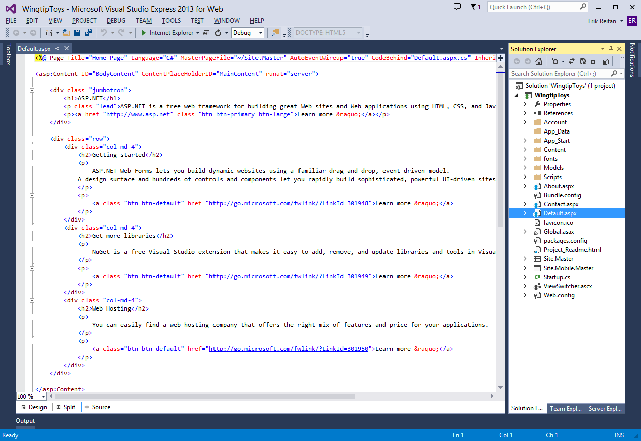 Microsoft Visual Studio Express 2013 for Web 窗口的屏幕截图,其中显示了“Default.aspx”页面。