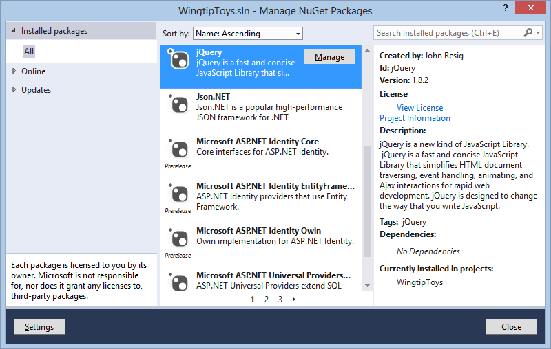 “管理 NuGet 包”窗口的屏幕截图,其中突出显示了 jQuery。