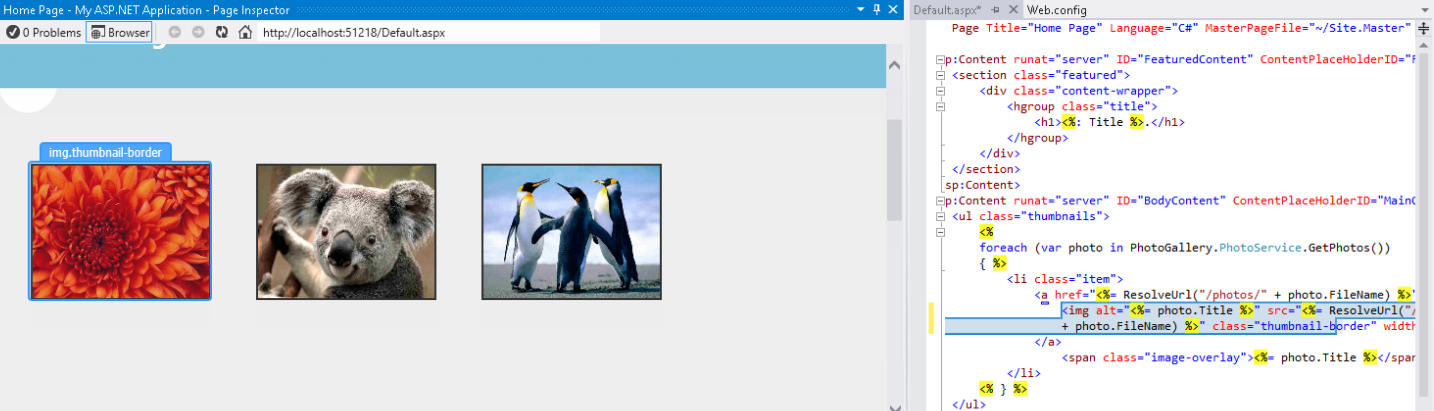 操作中的检查模式 页面检查器窗口和 Visual Studio 编辑器的屏幕截图,其中显示了元素类型,并突出显示了相应的代码。