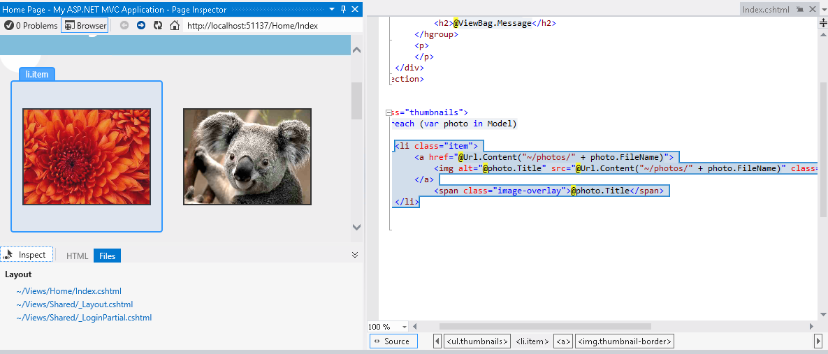 显示“页面检查器”窗口和 Visual Studio 编辑器的屏幕截图,其中显示了元素类型,并突出显示了相应的源标记。