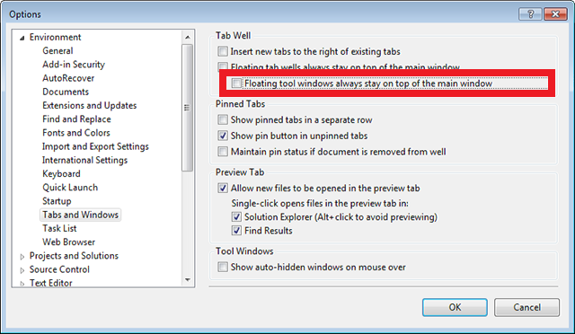 在 Visual Studio 与取消停靠的Page Inspector窗口之间,清除浮动工具窗口复选框为 Alt+Tab