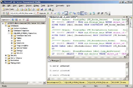 Microsoft SQL Server Management Studio窗口的屏幕截图,其中显示了正在生产服务器上执行的脚本文件命令。