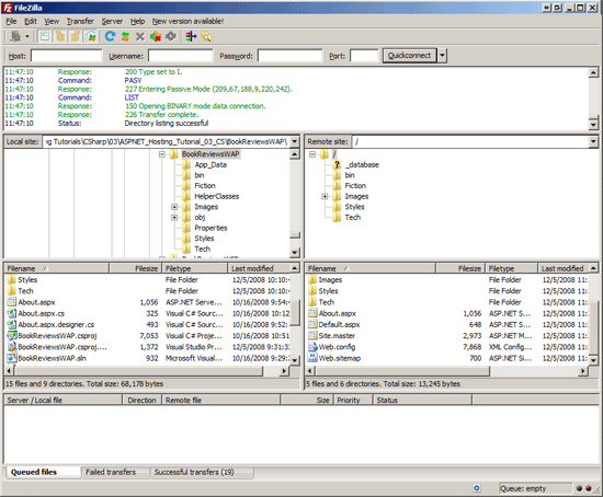 FileZilla FTP 客户端的屏幕截图,其中显示某些 ASP.Net 源代码文件未复制到远程服务器。
