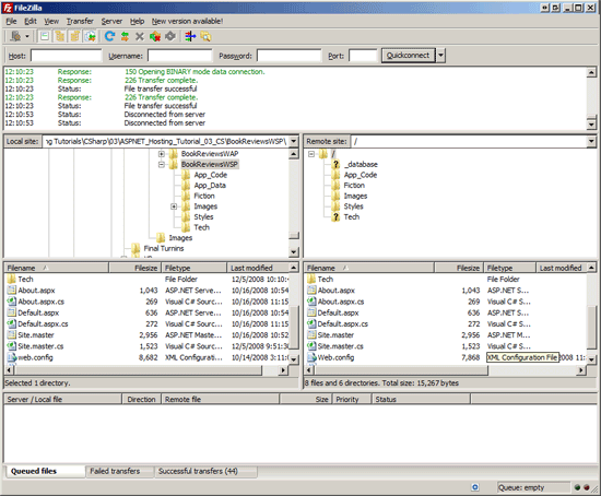 FileZilla FTP 客户端窗口的屏幕截图,其中显示了 ASP.Net 源代码文件已成功上传到服务器。