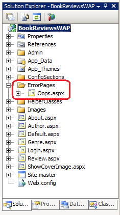显示 ErrorPages 文件夹的屏幕截图,该文件夹包含 Oops 点 s p x 文件。