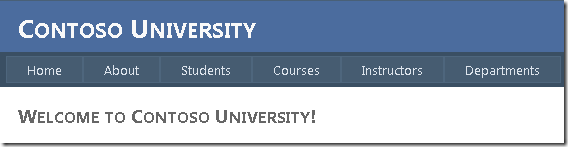 Contoso University 主页的屏幕截图,其中显示了指向“主页”、“关于”、“学生”、“课程”、“讲师”和“系”页面的链接。