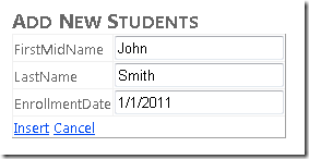 Internet Explorer 窗口的屏幕截图,其中显示了“添加新学生”视图,其中将 John Smith 的姓名和注册日期填充到文本字段中。