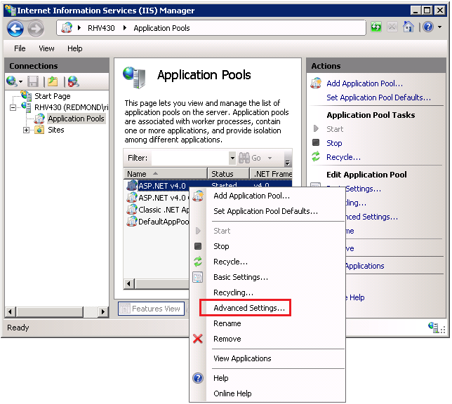 Internet Information Services Manager 的屏幕截图,其中突出显示了红色矩形的“高级设置”菜单。