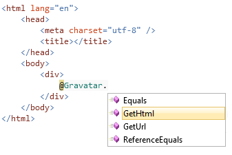 源编辑器的屏幕截图,其中显示了 Gravatar 帮助程序 IntelliSense 下拉列表,其中突出显示了黄色的“获取 H T M L”项。