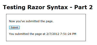 在 Web 浏览器中运行的测试 Razor 2 页面的屏幕截图,其中显示了页面提交后显示的时间戳消息。