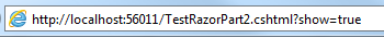 Web 浏览器中“测试 Razor 2”页的屏幕截图,其中显示了 U R L 框中的查询字符串。