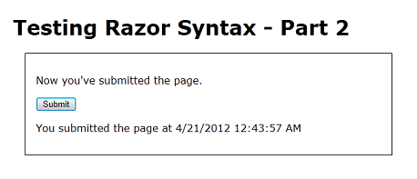 Web 浏览器中的“测试 Razor 2”页面的屏幕截图,该页面提交后,U R L 框中带有查询字符串。
