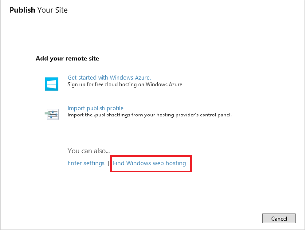 “发布网站”对话框的屏幕截图,其中突出显示了“查找 Windows Web 托管”链接,并带有红色矩形。