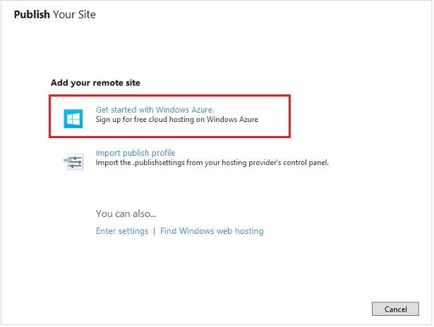 “发布网站”对话框的屏幕截图,其中显示了“Windows Azure 入门”选项,其中突出显示了红色矩形。