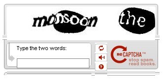 ReCaptcha 服务生成的 Captcha 测试的屏幕截图,其中显示了两个扭曲的字词和一个用于用户验证的文本字段。