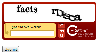 Recaptcha dot c s h t m l 浏览器页面的屏幕截图,其中显示了创建的 captcha 和“提交”按钮。