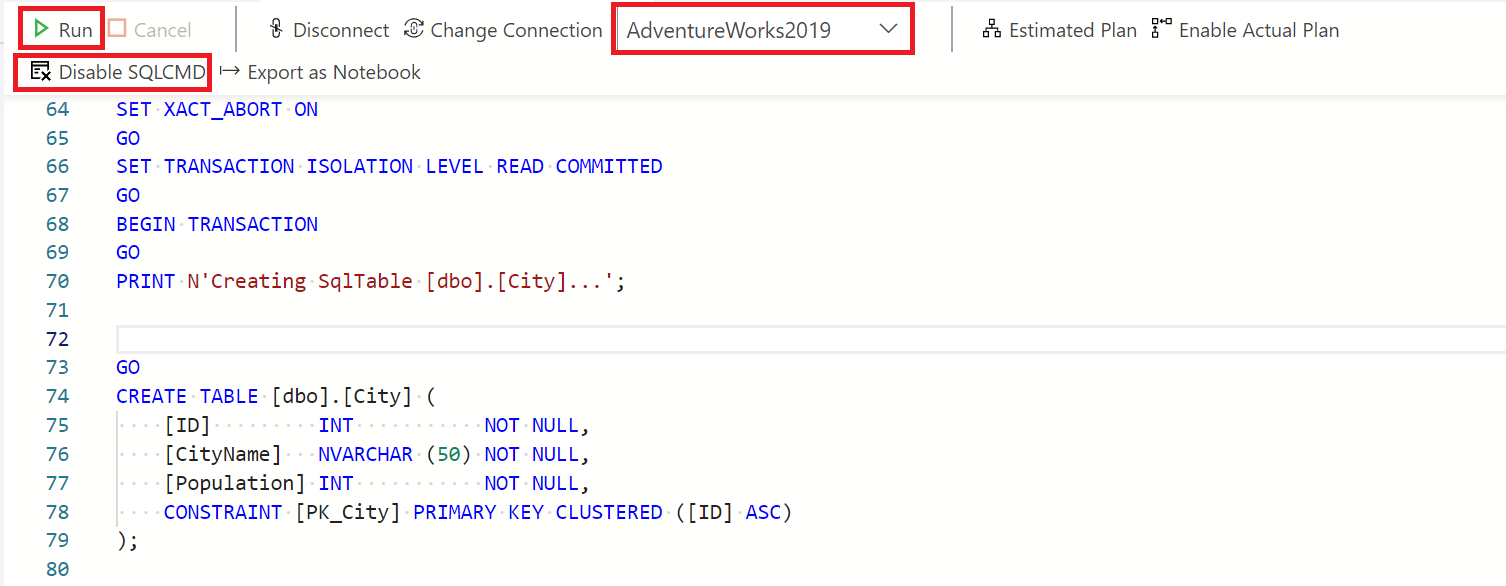 表设计器的屏幕截图,其中显示了如何使用 SQL CMD 选项在查询编辑器中发布对数据库的更改。