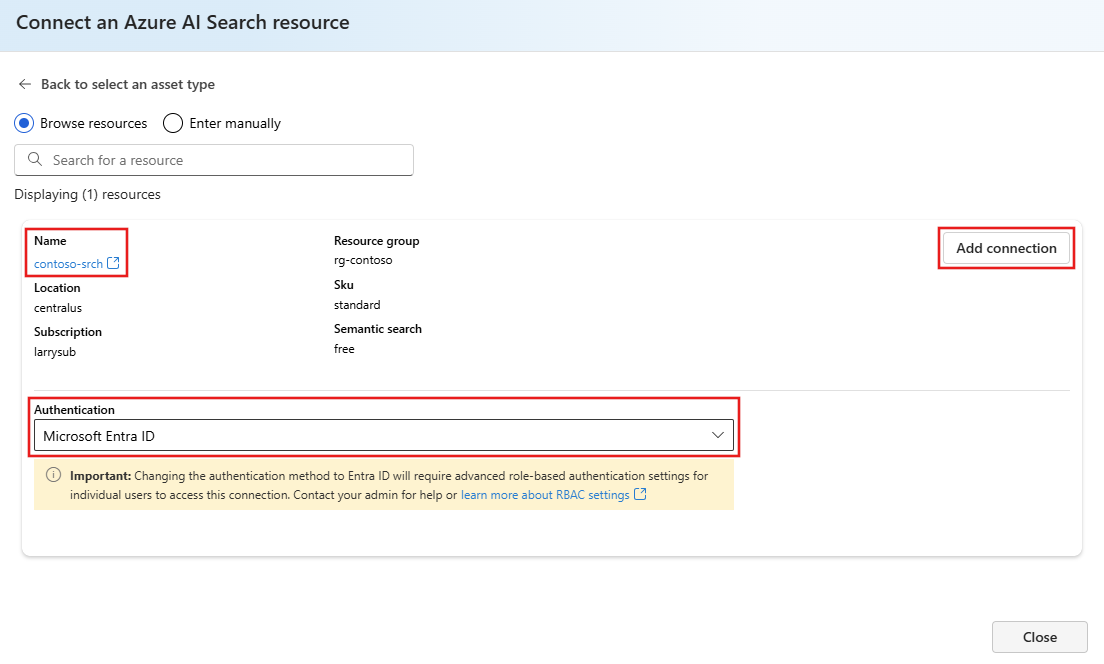 选择要连接到的 Azure AI 搜索服务的页面的屏幕截图。